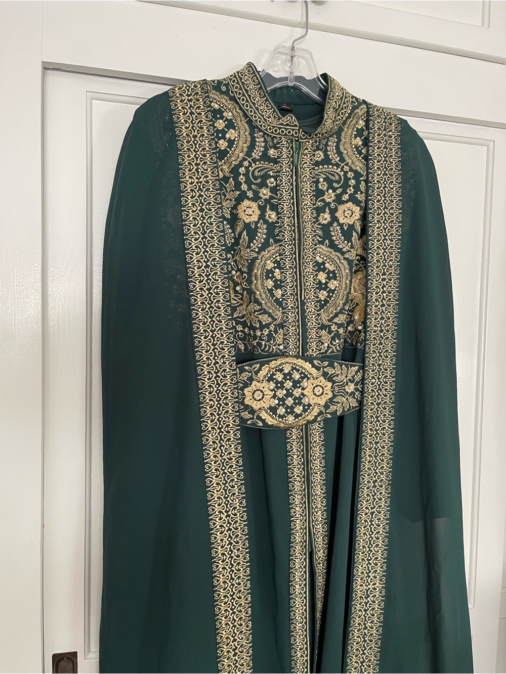 Embroidered Forest Green Women's Cape Coat with Gold Accents